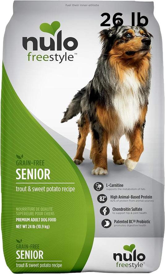 Nulo Freestyle All Breed Senior Dry Dog Food, Premium Grain-Free Dog Kibble with Healthy Digestive Aid BC30 Probiotic and Chondroitin Sulfate for Hip & Joint Support 26 Pound (Pack of 1)