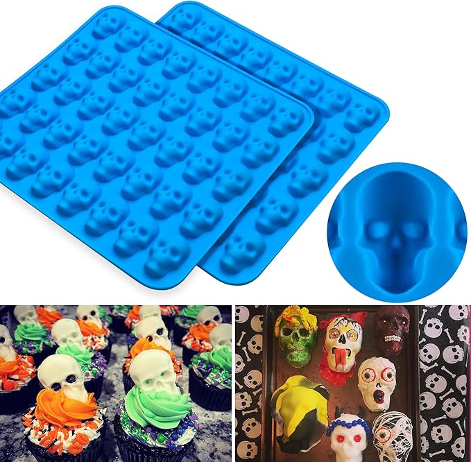 4Pcs Gummy Candy Molds, Gummy Bear Molds, Gummy Dinosaur Molds, Gummy Donut Molds and Gummy Hearts Molds, Non-stick Silicone Candy Molds with 2 Droppers (Skull)