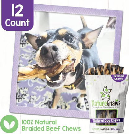 Nature Gnaws Braided Gnaws for Dogs - Premium Natural Beef Dog Chew Treats - Combo of Bully Sticks, Gullet Jerky and Tripe Twists - Rawhide Free
