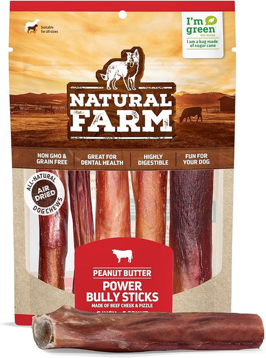 Natural Farm Power Bully Sticks Peanut Flavor Dog Chews (6”, 5-Pack), 2-in-1 Power Chews: Premium Beef Cheek Wrapped in Beef Pizzle with Enticing Peanut Butter Flavor, Double Chewing Time