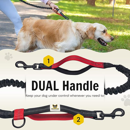 Hands Free Dog Leash for Running Walking Hiking for Medium and Large Dogs (30-150 lbs) with Adjustable Waist Belt, Zipper Pouch, Reflective Retractable Bungee, Dual Handles Red
