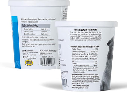 GNC Pets Essentials, Skin & Coat, All Dog 60ct 2.2g Soft Chews | Skin & Coat Soft Chews for Dogs in Bacon Flavor | Dog Supplement with Salmon Oil, Omega Fatty Acids, and EPA & DHA for Skin and Coats