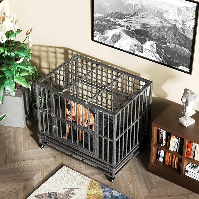 42 inch Heavy Duty Extra Large Indestructible Dog Crate Kennel Indoor with Separation Anxiety Lockable Wheels and Removable Tray