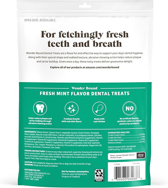 Amazon Brand - Wonder Bound Dog Dental Treats for Medium Dogs (25-50 lbs), Fresh Mint Flavor, Made with Real Chicken, Nubbed Texture for Plaque & Tartar Control, Freshens Breath While Chewing 13 Count