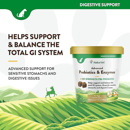 NaturVet Advanced Probiotics and Enzymes Supplement, Plus Vet Strength PB6 Probiotic, Soft Chews, Made in The USA with Globally Source Ingredients 70 Soft Chews