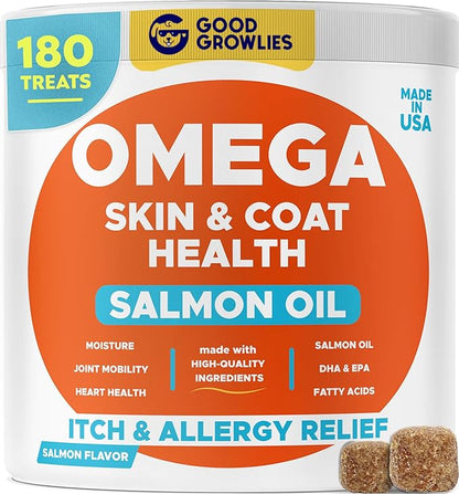 Omega 3 Alaskan Fish Oil Treats for Dogs 180 Ct - Dry & Itchy Skin Relief + Allergy Support - Shiny Coats - EPA&DHA Fatty Acids - Natural Salmon Oil Chews, Hip & Joint Support - Salmon