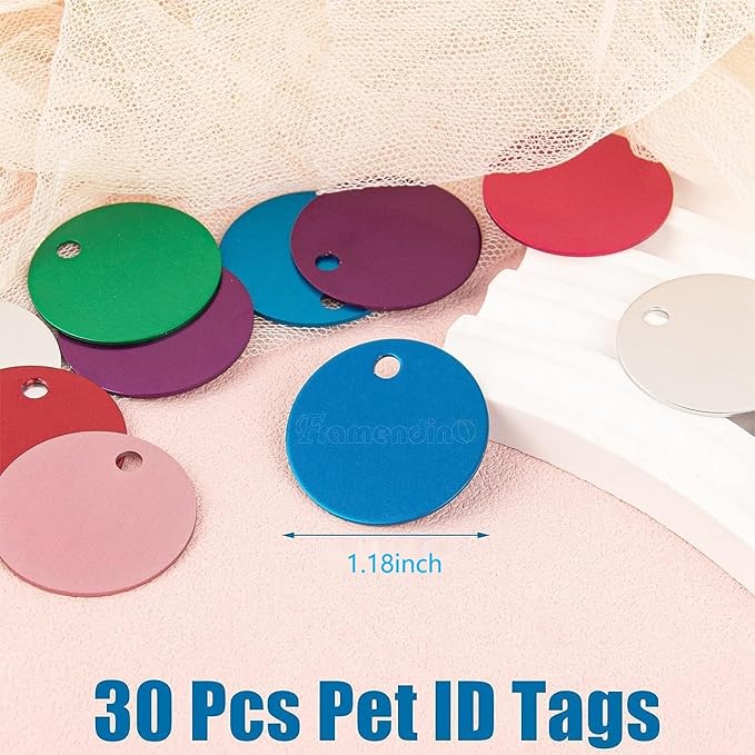 Framendino, 30 Pack Round Blank Pet ID Tags Double Side Phone Number Tag with Holes for Dogs Cats Pets