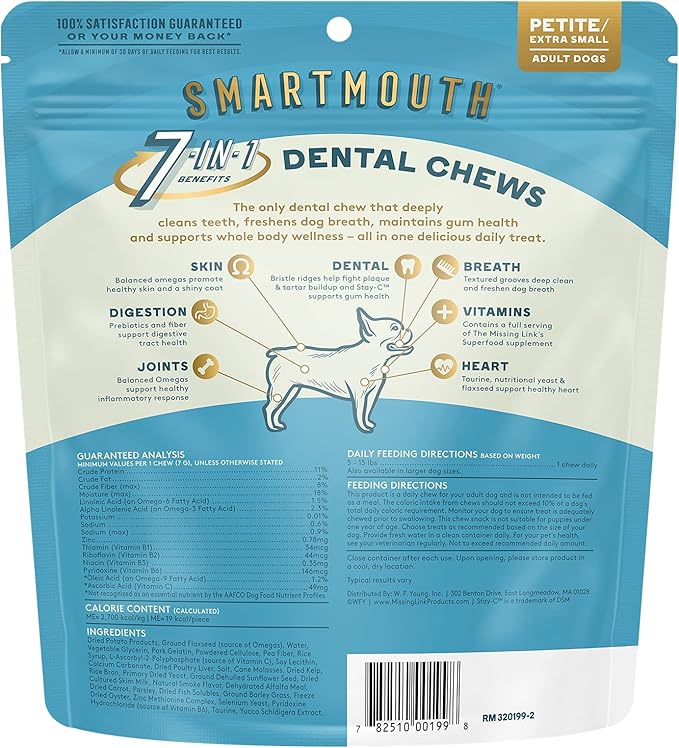 The Missing Link Smartmouth Vet Developed Dental Chew Treats, 7-in-1 Benefits: Healthy Teeth & Gums, Breath, Skin, Joints, Digestion, Heart, Immune System – Petite/XS 5-15lb Dogs, 28 Ct