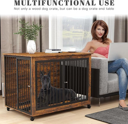 44 Inch Large Wooden Dog Crate Furniture with 180° Rotatable Bowl, Brown Multi-Functional Dog Crate End Table with Wheels, Furniture Dog Crate for Large Dogs with Flip-up Top Opening