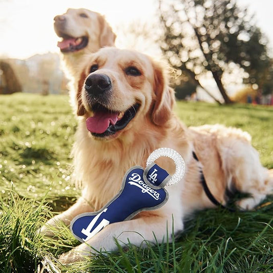 MLB Los Angeles Dodgers Bone Shaped DENTAL DOG TUG TOY with SQUEAKER. TOUGH PET TOY for Healthy Fun, Teething, and Cleaning pet's teeth and gum.