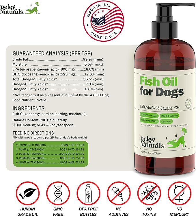 Wild Caught Fish Oil for Dogs - 16oz - Omega 3-6-9, GMO Free - Reduces Shedding, Supports Skin, Coat, Joints, Heart, Brain, Immune System - Highest EPA & DHA Potency - Only Ingredient is Fish