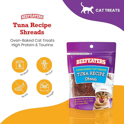 Beefeaters Cat Treats - Tuna Recipe Shreds 1.41oz, Case of 12 | Real Cat Food, No Sugar/Soy/Corn/Wheat | High Protein & Taurine | Supports Dental Health | Training Treats - No Artificial Additives