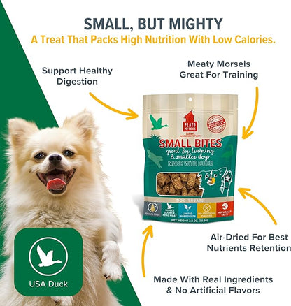 Plato Pet Treats Air Dried Small Bites Dog Treats, Natural Bite Sized Real Meat & Duck, Grain Free & High Protein, Made in the USA, 6oz