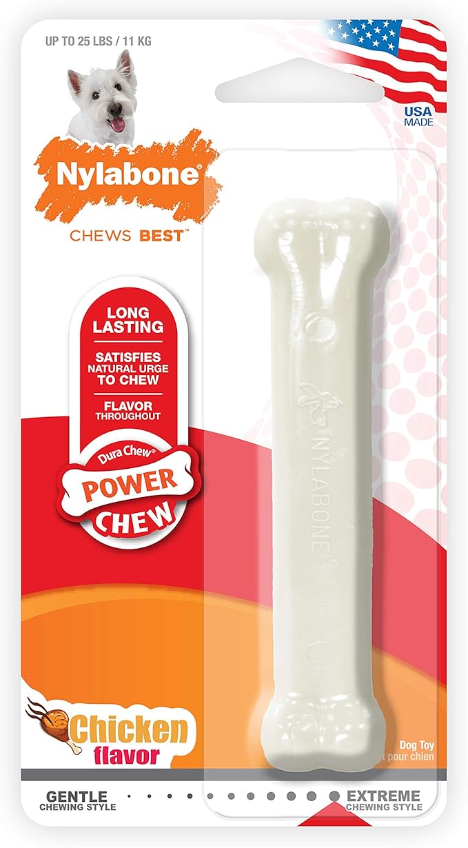 Nylabone Power Chew Classic Bone Chew Toy for Dogs, Durable Dog Toys for Aggressive Chewers, Chicken Flavor, Small/Regular - Up to 25 Ibs. (1 Count)