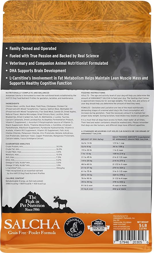 Annamaet Grain-Free Salcha Poulet Formula Dry Dog Food, (Chicken & Duck), 5-lb Bag