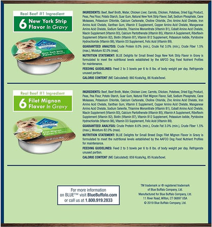 Blue Buffalo Delights Natural Adult Small Breed Wet Dog Food, Variety Pack, Made with Natural Ingredients, Filet Mignon & New York Strip Recipe in Hearty Gravy, 3.5-oz. Cups (12 Count, 6 of Each)