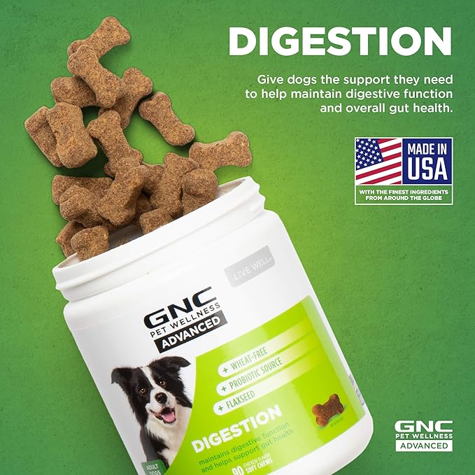 GNC Pets Advanced Digestion Dog Supplements for All Dogs | 90 ct Soft Chew Dog Digestive Supplements with Flaxseed and Probiotics | Chicken Flavor Dog Supplements for Digestive Support and Gut Health