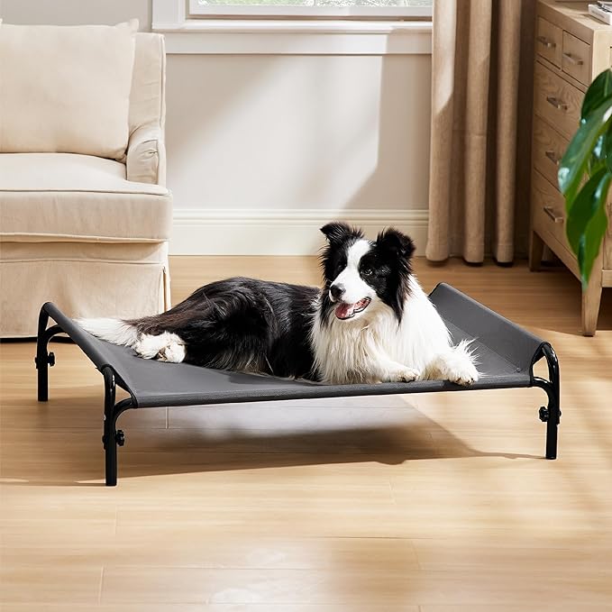 Bedsure Elevated Raised Outdoor Dog Bed - Cooling Dog Cot Bed with Bolster for Large Dog, Lifted Pet Bed with Durable Breathable Teslin Mesh, Dog Hammock Bed with Non-Slip Feet, Grey, 42 inches