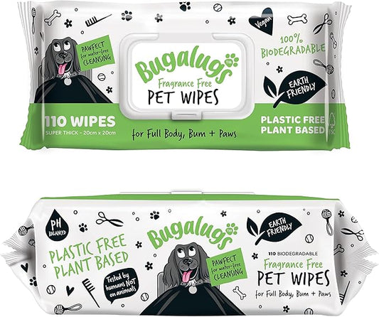 Dog Wipes, 100% Plastic Free Biodegradable pet wipes for full body, eye wipes, ear wipes, bum & paws. 110 sensitive dog grooming wipes for dogs, puppy & cat grooming (Fragrance Free)