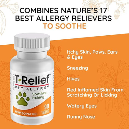 T-Relief Pet Allergy Support for Dogs & Cats Itchy Relief Supports Healthy Skin & Coat Natural Medicine Helps Soothe Hot Spot Itching Paws Licking Runny Nose Sneezing Watery Eyes - 90 Tablets
