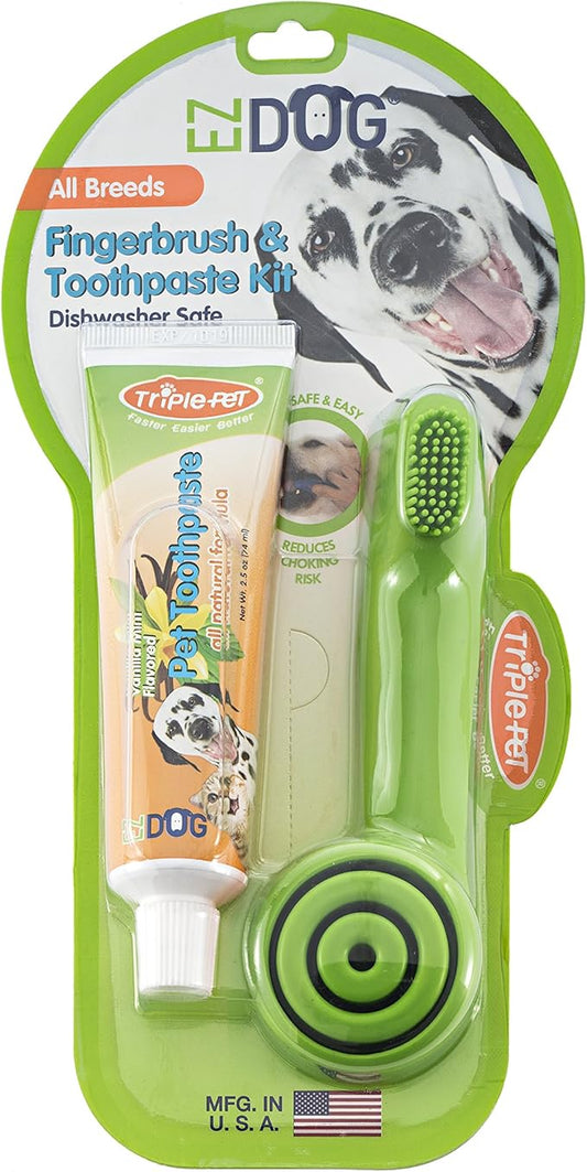 by Triple Pet Dental Care Kit Contains Patented Finger Brush and All-Natural Vanilla Toothpaste | Best Dental Care For Dogs For Fresh Breath | Dogs Love the Taste, All Dogs