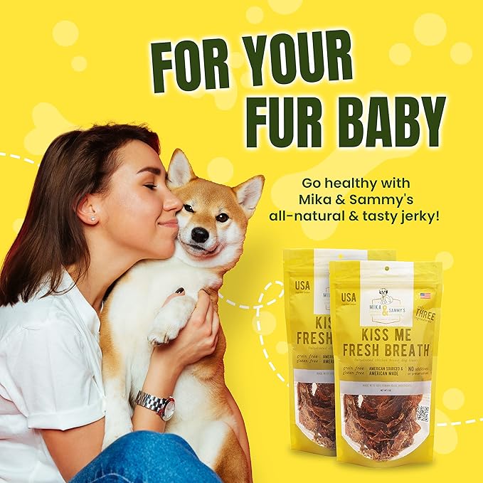 Gourmet Jerky Dog Treats - Natural Dog Treat Chicken Jerky for Dogs, Nutritious and Tasty Dog Jerky Treats Made in USA only, Cage-Free Chicken, No Additives (Mika & Sammy's Kiss Me Fresh Breath 12 oz)