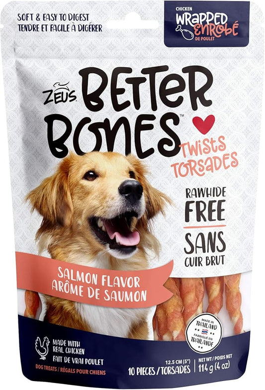 ZEUS Better Bones Dog Treats, Rawhide Free Healthy Dog Treats, Salmon and Chicken Twist, 10 Count