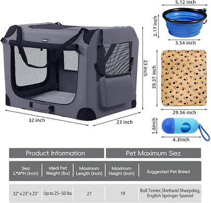 Portable Dog Crate, Collapsible Dog Travel Crate 32x23x23 with Soft Blanket Foldable Bowl and a Poop Bag with Dispenser for Medium & Large Dogs