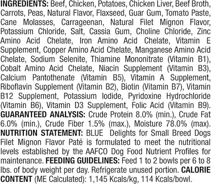 Blue Buffalo Delights Natural Adult Small Breed Wet Dog Food Cups, Pate Style, Filet Mignon Flavor in Savory Juice 3.5-oz (Pack of 12)