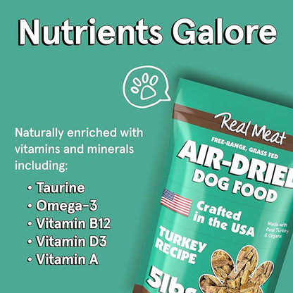 Real Meat Air Dried Dog Food w/Real USA Turkey - 5lb Bag of Grain-Free Real Meat Dog Food Sourced from Free-Range, Cage-Free Turkey - Digestible, All Natural, High Protein Turkey