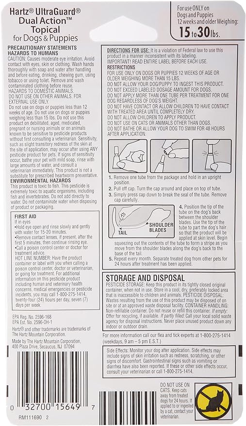 Hartz UltraGuard Dual Action Flea & Tick Topical Dogs & Puppies Treatment & Prevention, 6 Months, 15-30 lbs