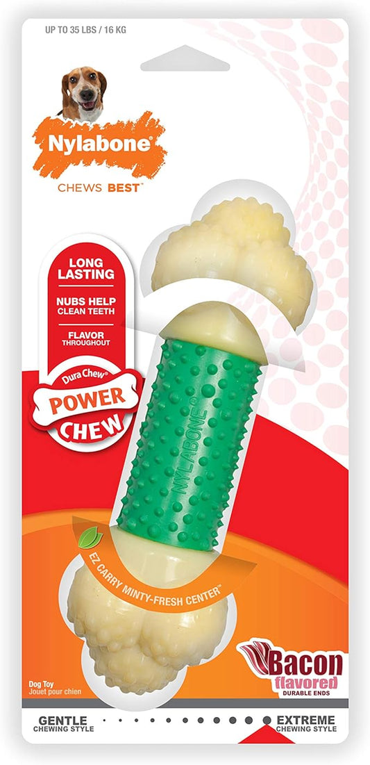 Nylabone Power Chew Double Action Barbell Bone Chew Toy, Durable Dog Toy, Bacon Flavor, Medium - Up to 30 lbs. (1 Count)