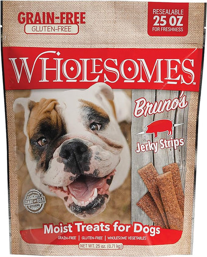 Wholesomes Bruno's Jerky Strips Grain Free Dog Treats, 25 oz, red