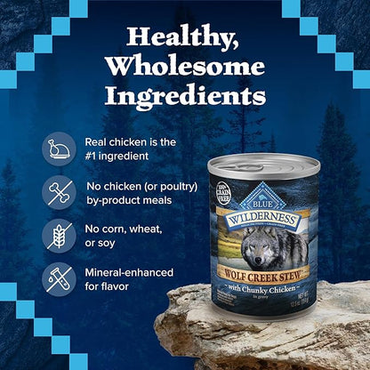 Blue Buffalo Wilderness Wolf Creek Stew High Protein, Natural Wet Dog Food, Chunky Chicken Stew in gravy 12.5-oz cans (Pack of 12)
