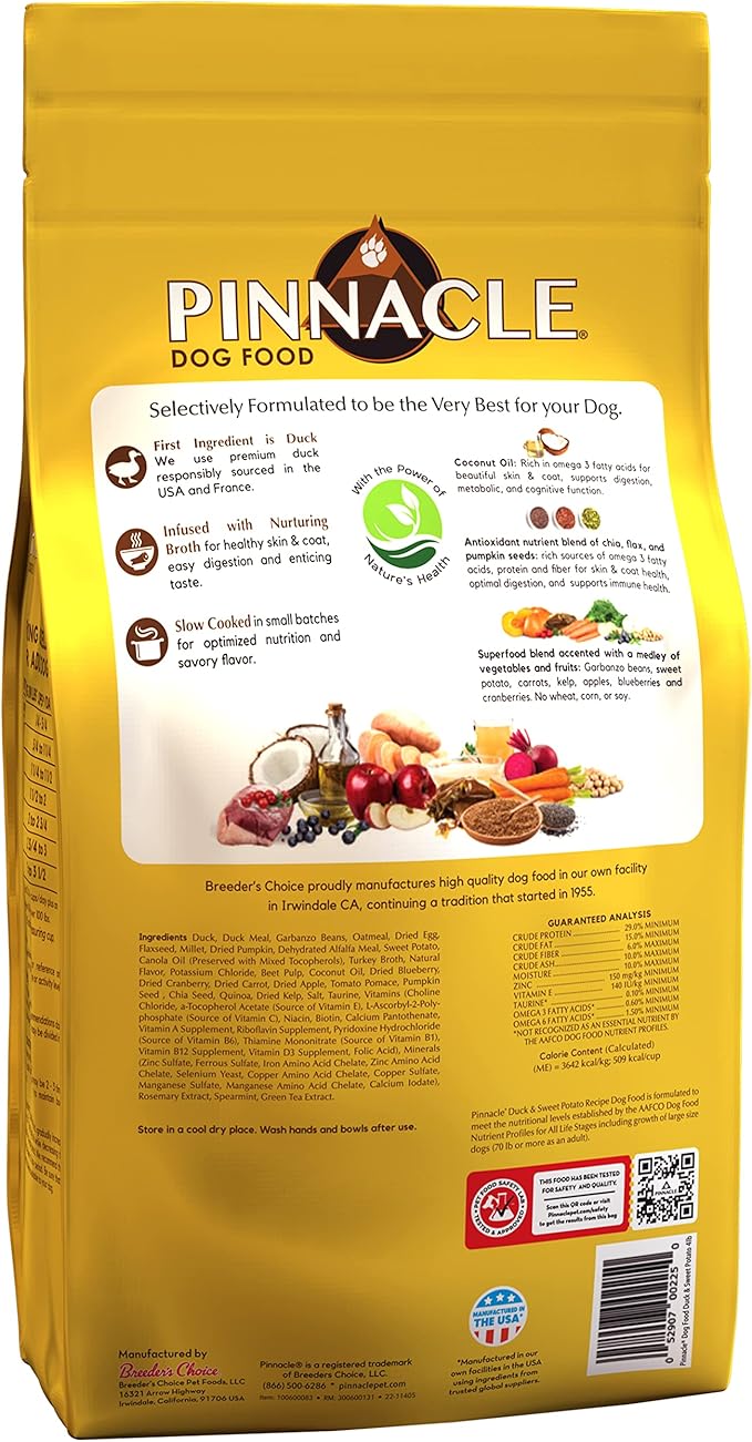pinnacle pet Duck & Sweet Potato Dry Dog Food 4 lb, Infused with Broth