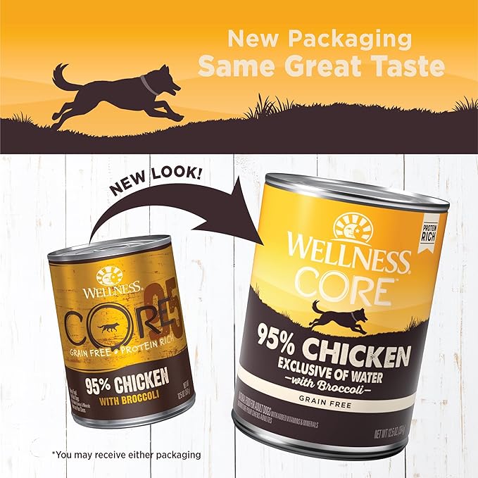 Wellness CORE 95% Natural Wet Grain Free Canned Dog Food, Chicken & Broccoli,12.5-Ounce Can (Pack of 12)