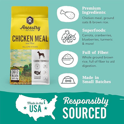 Ancestry Dog Food, Chicken Meal & Brown Rice Formula, Crude Protein, Fiber & Fat with Added Vitamins, For All Life Stages, Dry Dog Food, Improve Gut Health, Digestive & Immune Support (4 lb. Bag)