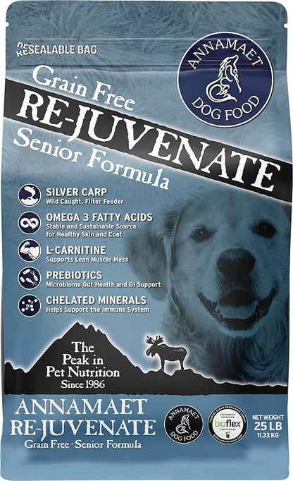 Annamaet Grain-Free Re-Juvenate Senior Formula Dry Dog Food, (Fresh Silver Carp & Turkey), 25-lb Bag, Brown