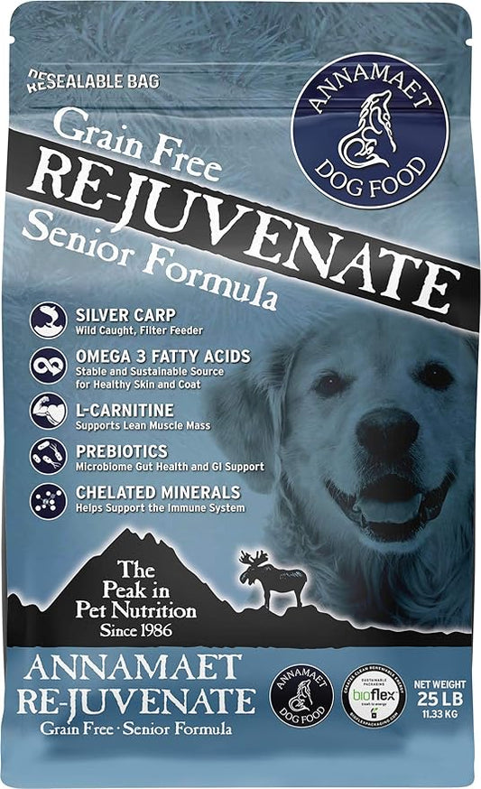 Annamaet Grain-Free Re-Juvenate Senior Formula Dry Dog Food, (Fresh Silver Carp & Turkey), 25-lb Bag, Brown