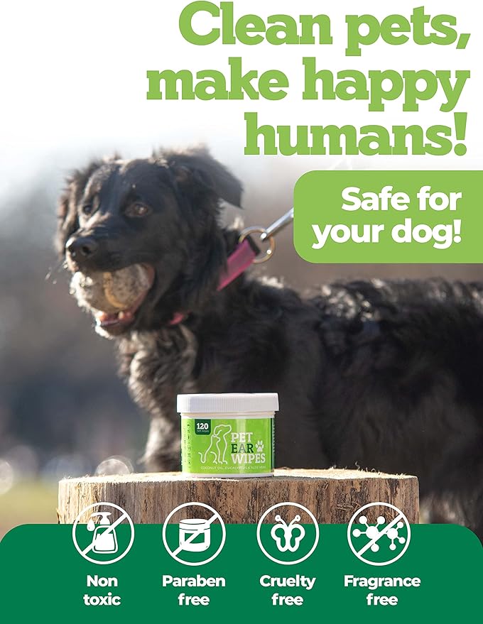 120ct Pet Ear Wipes for Dogs w/Itch Relief | Natural Coconut Oil, Eucalyptus & Aloe | Irritation Relief, Easy Otic Wax Cleaner Solution Pets
