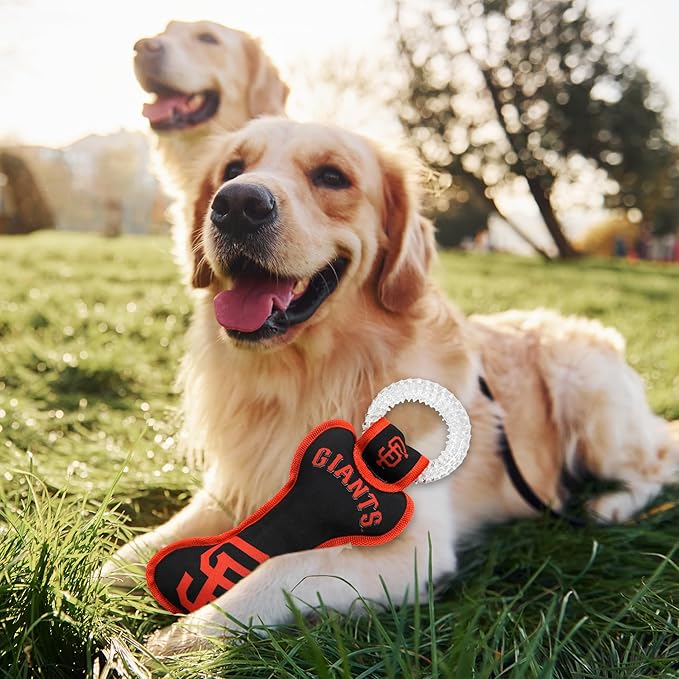 MLB San Francisco Giants Bone Shaped DENTAL DOG TUG TOY with SQUEAKER. TOUGH PET TOY for Healthy Fun, Teething, and Cleaning pet's teeth and gum.