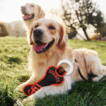 MLB San Francisco Giants Bone Shaped DENTAL DOG TUG TOY with SQUEAKER. TOUGH PET TOY for Healthy Fun, Teething, and Cleaning pet's teeth and gum.