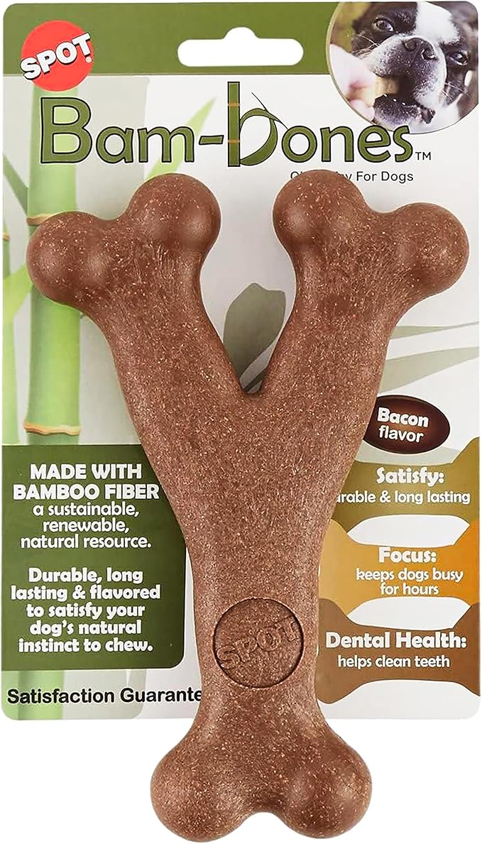 SPOT Bam-Bones Wishbone - Made with Strong Bamboo Fiber, Durable Long Lasting Dog Chew for Light to Moderate Chewers, Great Toy for Adult Dogs & Teething Puppies Under 30lbs, 5.25in, Bacon Flavor