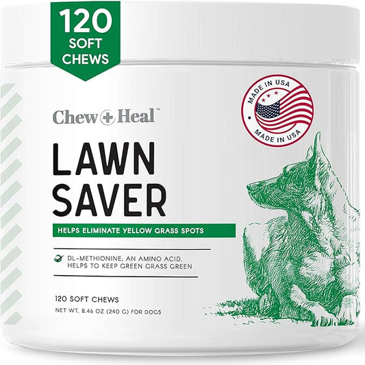 Green Grass Lawn Saver, Dog Urine Neutrelizer, 120 Soft Chews - Reduces Burns and Yellow Spots, Natural Ingredients, Fuss-Free Treatment - Chew + Heal