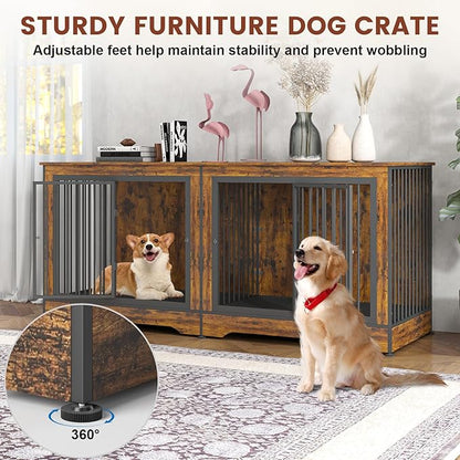 75 Inch 3-in-1 Large Double Dog Crate Furniture for 2 Dogs Durable Rustic Brown Dog Crate TV Stand with Trays and Divider