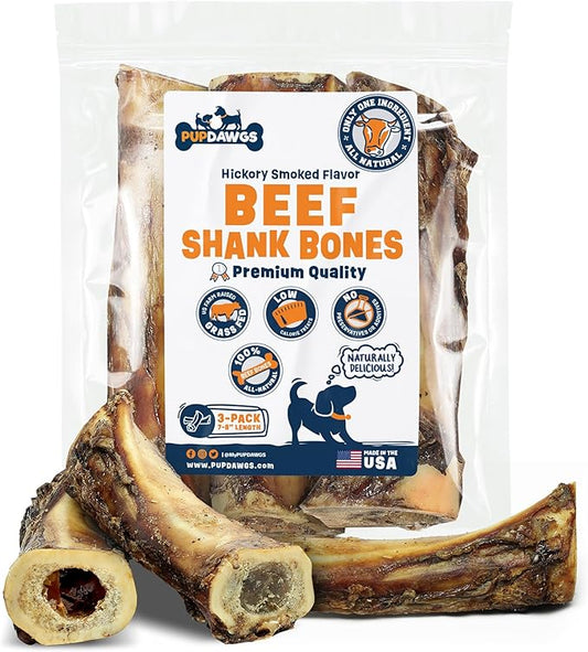 Dog Bones for Aggressive Chewers | 7-8" Hickory Smoked Flavor Beef Shank Bones | Dog Bones for Medium Dog | All Natural Dog Bone Treats Made in The USA - Individually Wrapped (3 Piece Pack)