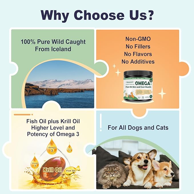 Omega 3 Fish Oil for Dogs, Dog Fish Oil Powder, Wild Caught Fish Oil, EPA&DHA, Krill Oil, Kelp, Dog Skin and Coat Supplement, Anti Itch & Shedding, Support Dry Skin, Joint Health, 85 Servings