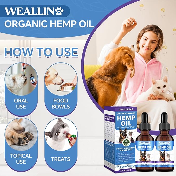 Hemp Oil for Dogs and Cats - Omega-3, 6, 9 Rich Organic Extract - Eases Pet Anxiety, Pain, Skin & Coat Health - Stress Relief, Hip & Joint Support - Calming Treats (2 Pack)