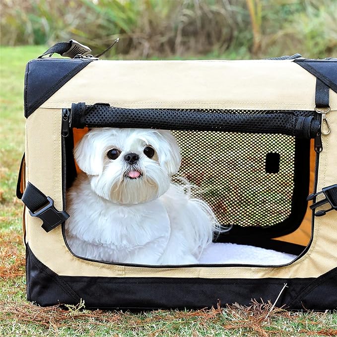 20 Inch Collapsible Dog Crate for Small Dogs, 4-Door Foldable Soft Dog Kennel with Chew Proof Mesh Windows, Indoor & Outdoor Travel Dog Crate, Soft Side Dog Crate,Beige