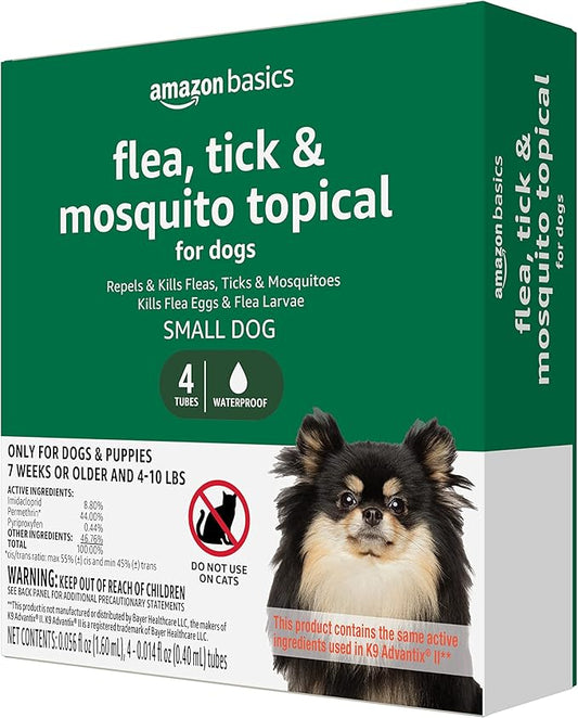 Amazon Basics Flea, Tick and Mosquito Topical for Small Dogs (4-10 pounds), 4 Count